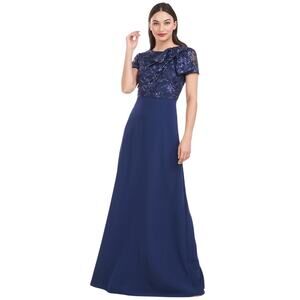 JS Collections Rae Floral Embroidered A-Line Gown navy blue maxi dress size 8
